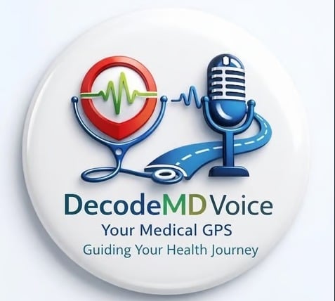 DecodeMD Voice logo with stethoscope, heartbeat wave, and microphone icon featuring tagline Your Medical GPS, Guiding Your Health Journey